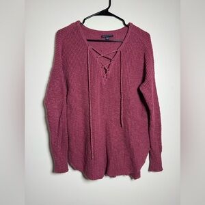 American Eagle Lace Up Sweater Women’s Medium Pink Knit Boho Pullover Cozy